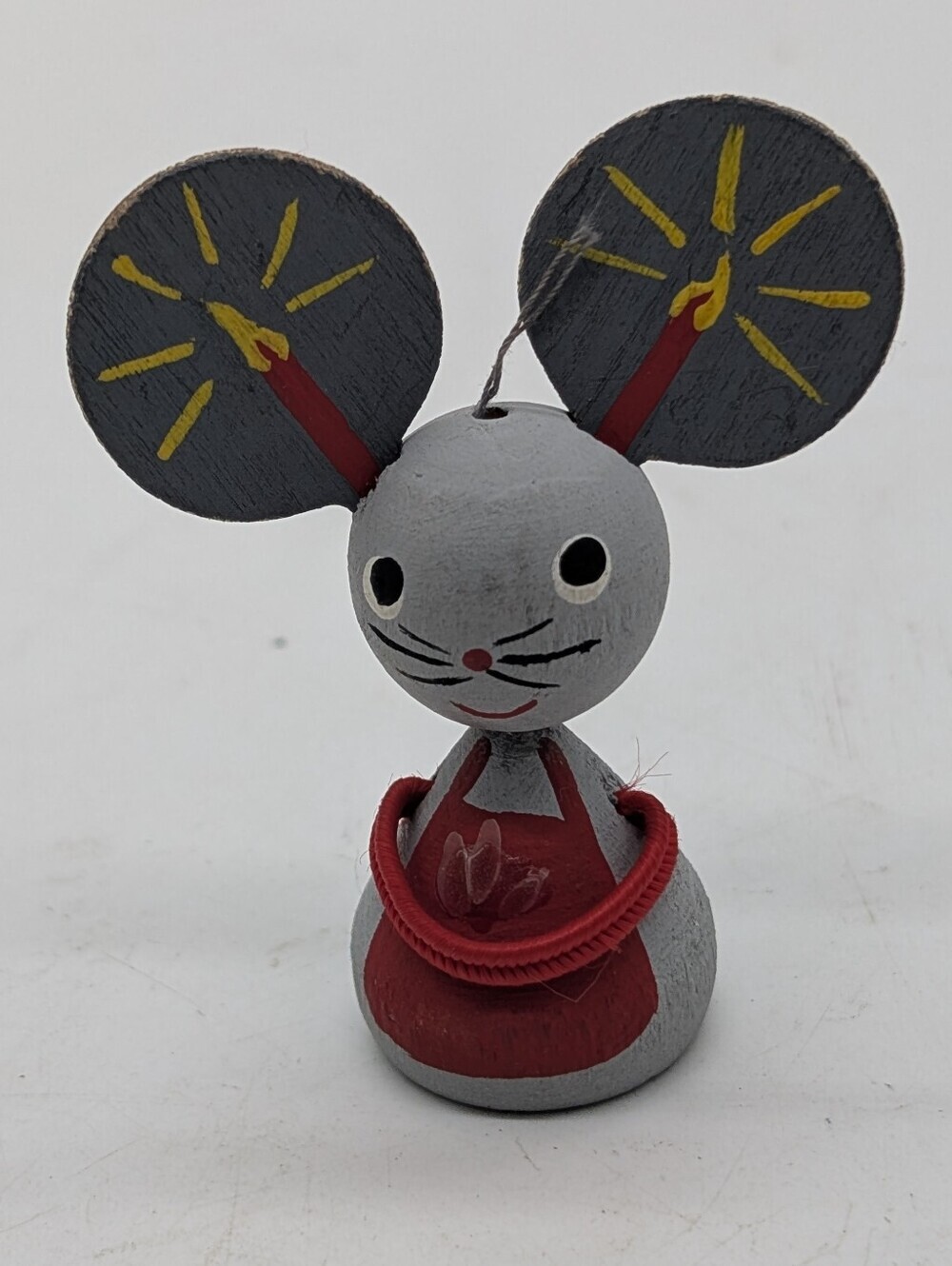 VTG Hand Painted Wooden Mouse Ornament Figurine Candle Ears Mini Basket Pokey